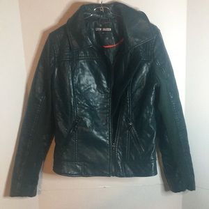 STEVE MADDEN FAUX LEATHER GREEN LINED BIKER JACKET WITH ZIP WRISTS AND POCKETS